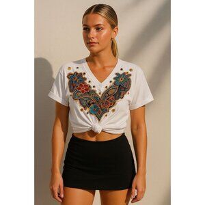 Vtg 90s Kwbl Womens Oversized Top Medium Shirt Bejeweled Sequin Embroidered Art